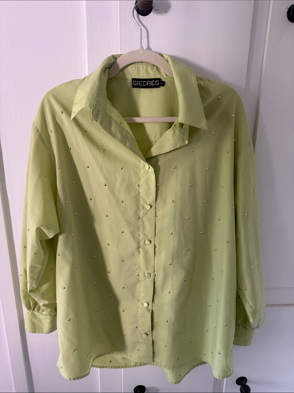 SIEDRES Light Green Button-Down Blouse with Stud Accents
